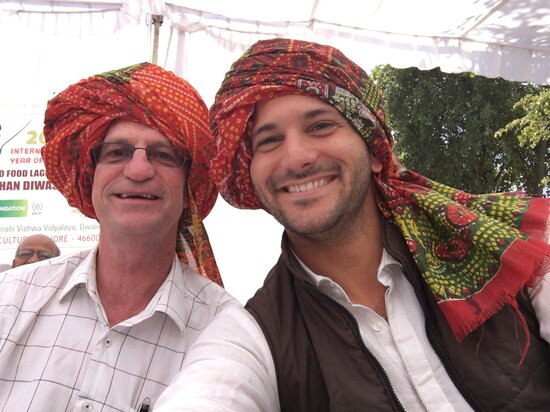 Filippo Bassi (right) and Dr Noble (left) receive an honor from the village of Amalah in India. Photo credit: Filippo M Bassi