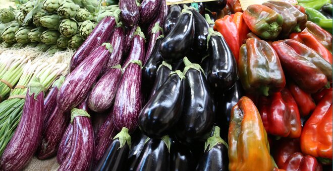 Eggplant at a market stall, Valencia, Spain