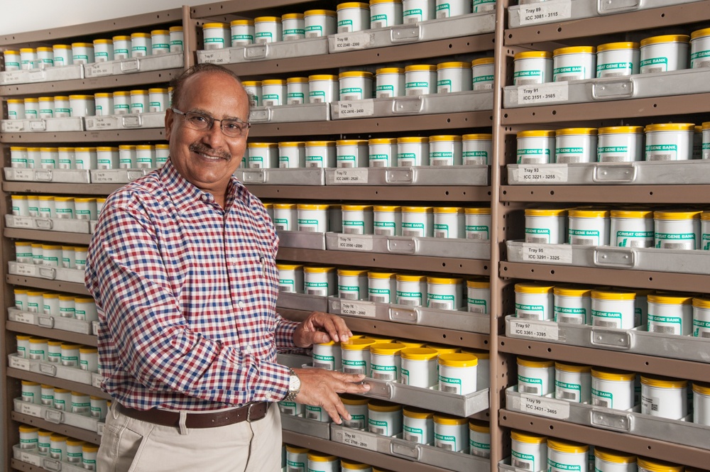 Dr. Upadhyaya in front of genebank seed collection.