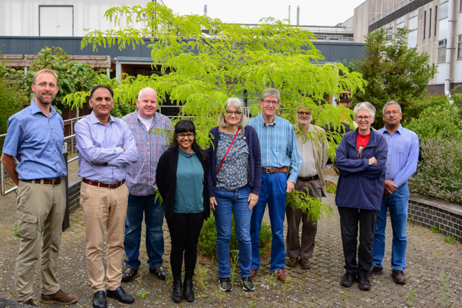 A grasspea project launch meeting was held at JIC in Norwich in September 2019 to bring together the teams from ICARDA, JIC and JHI. From left: Benjamin Kilian (Crop Trust), Shiv Kumar Agrawal (ICARDA), Paul Shaw (JHI), Saleha Bakht, Cathie Martin, Travor Wang, Noel Ellis, Anne Edwards, and Abhimanyu Sarkar (all JIC).