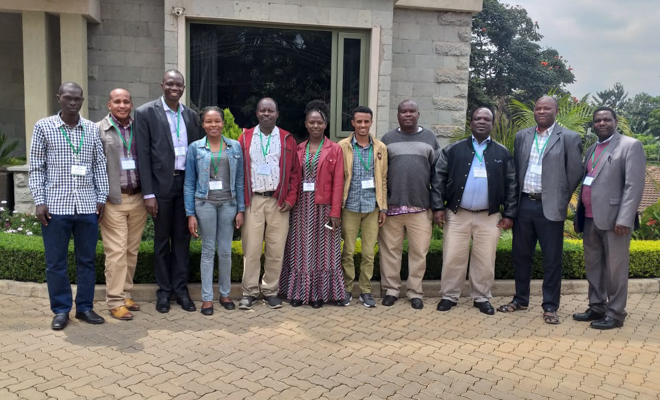 A project launch for members of the finger millet team was held in Nairobi in September 2019. From left: Gang Roggers (NaSARRI, Uganda); Dennis E. Tippe (TARI, Tanzania); John Adriko (BBP, NARO, Uganda); Esther Amayo (ICRISAT-Nairobi); Mathews Dida (Maseno University, Kenya); Damaris Achieng Odeny (ICRISAT-Nairobi), Amare Seyoum (EIAR, Ethiopia); Henry Ojulong (ICRISAT-Nairobi); Chrispus Oduori (KALRO-Kisii, Kenya), William Chrispo Hamisy (NPGRC, Tanzania); Victor Wasike (GeRRI, Kenya).